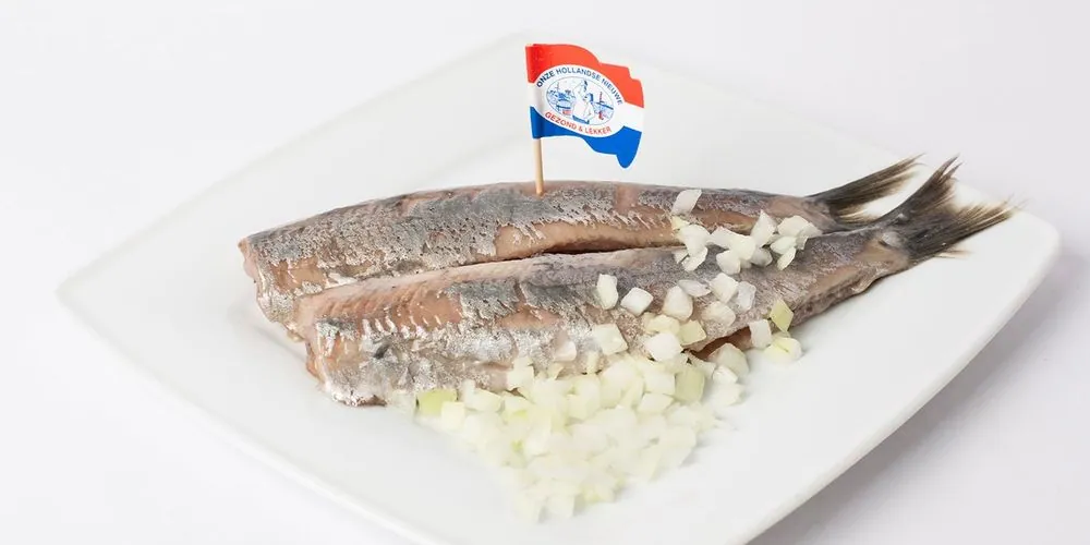 Hollandse haring met uitjes op een wit bord